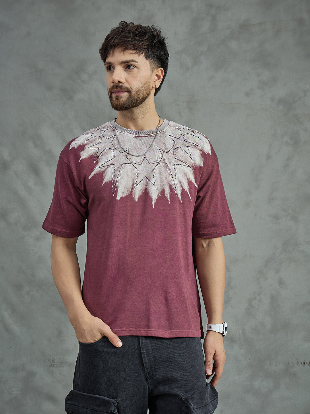 Heather Rose Ombre Star Embroidery Oversized T-shirt