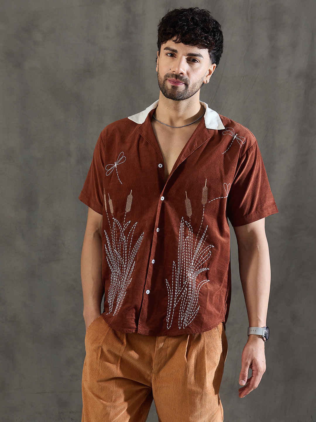 Brown Dragon Fly Embroidery Cuban Shirt