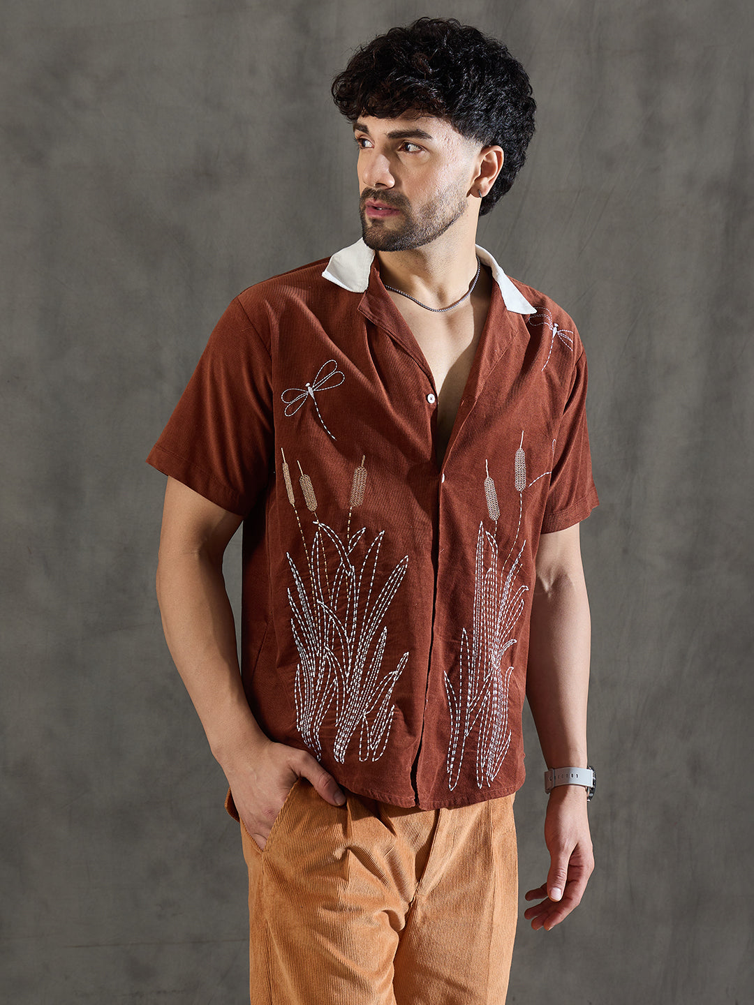 Brown Dragon Fly Embroidery Cuban Shirt