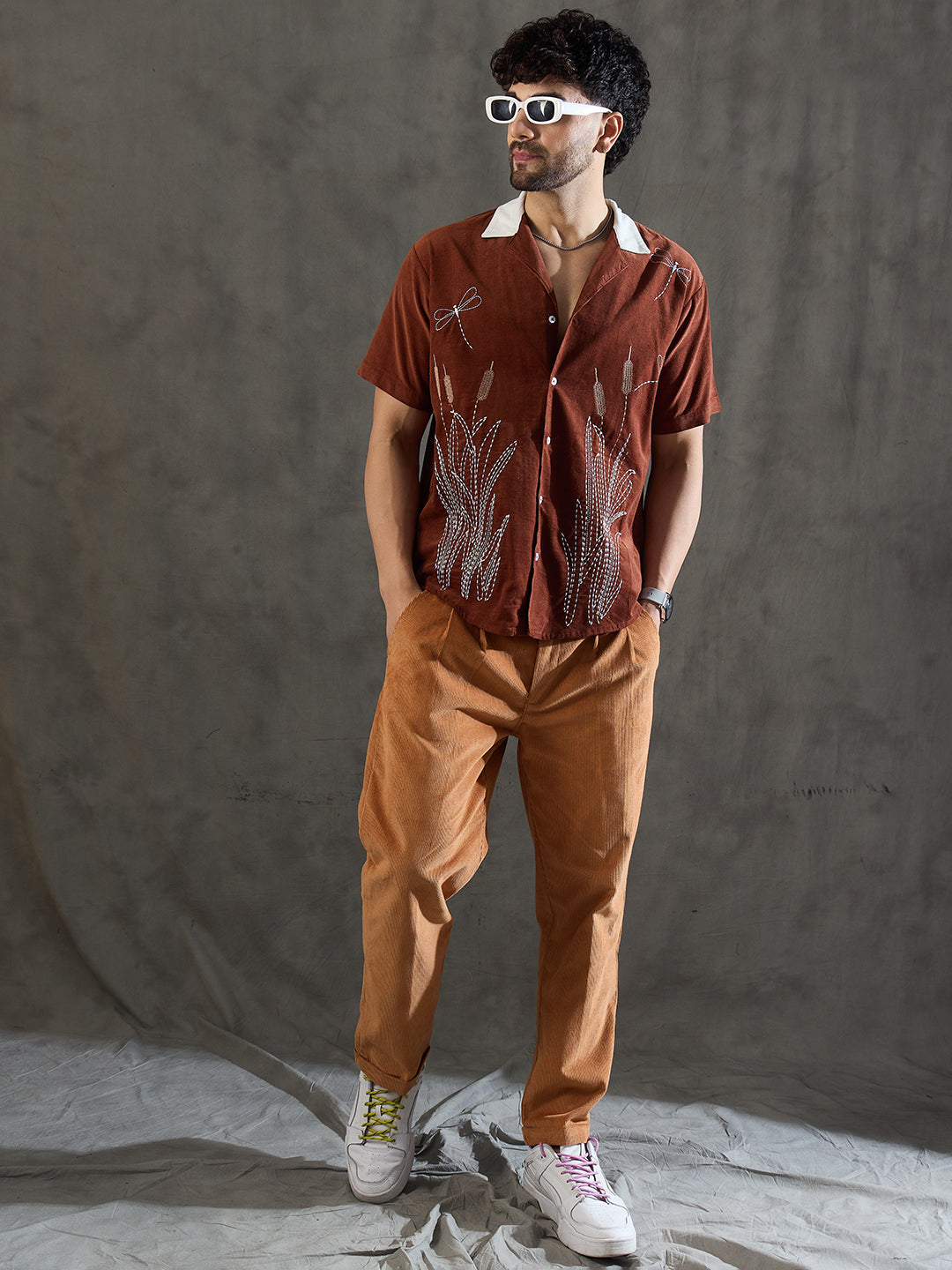 Brown Dragon Fly Embroidery Cuban Shirt