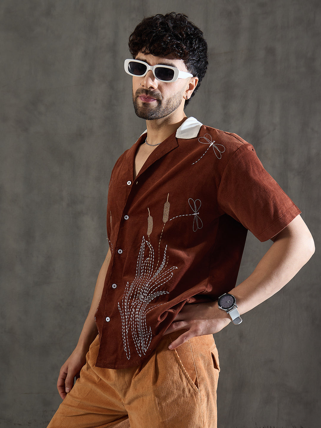 Brown Dragon Fly Embroidery Cuban Shirt