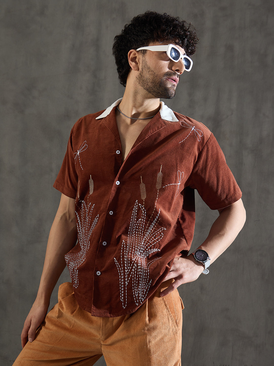 Brown Dragon Fly Embroidery Cuban Shirt