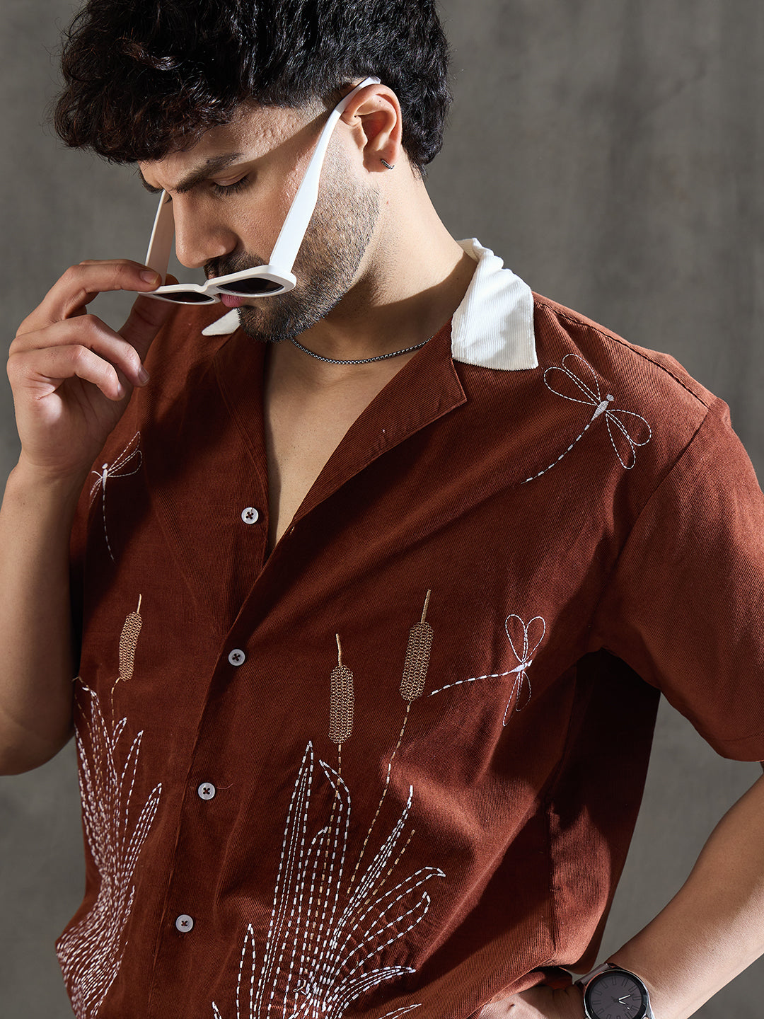 Brown Dragon Fly Embroidery Cuban Shirt