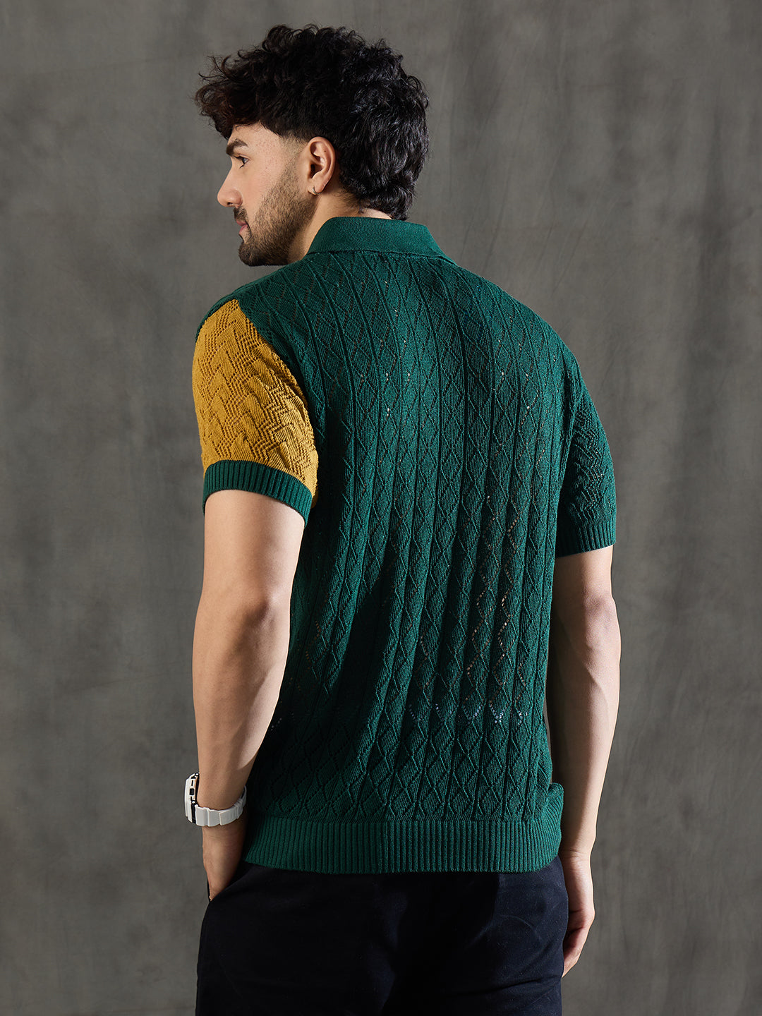 Green Striped Knitted Crotchet Polo Tshirt