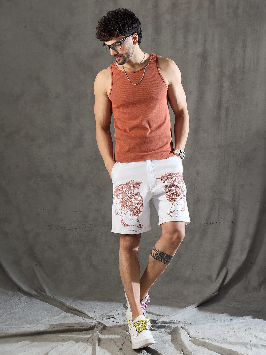 White Denim Lion Embroidery Shorts