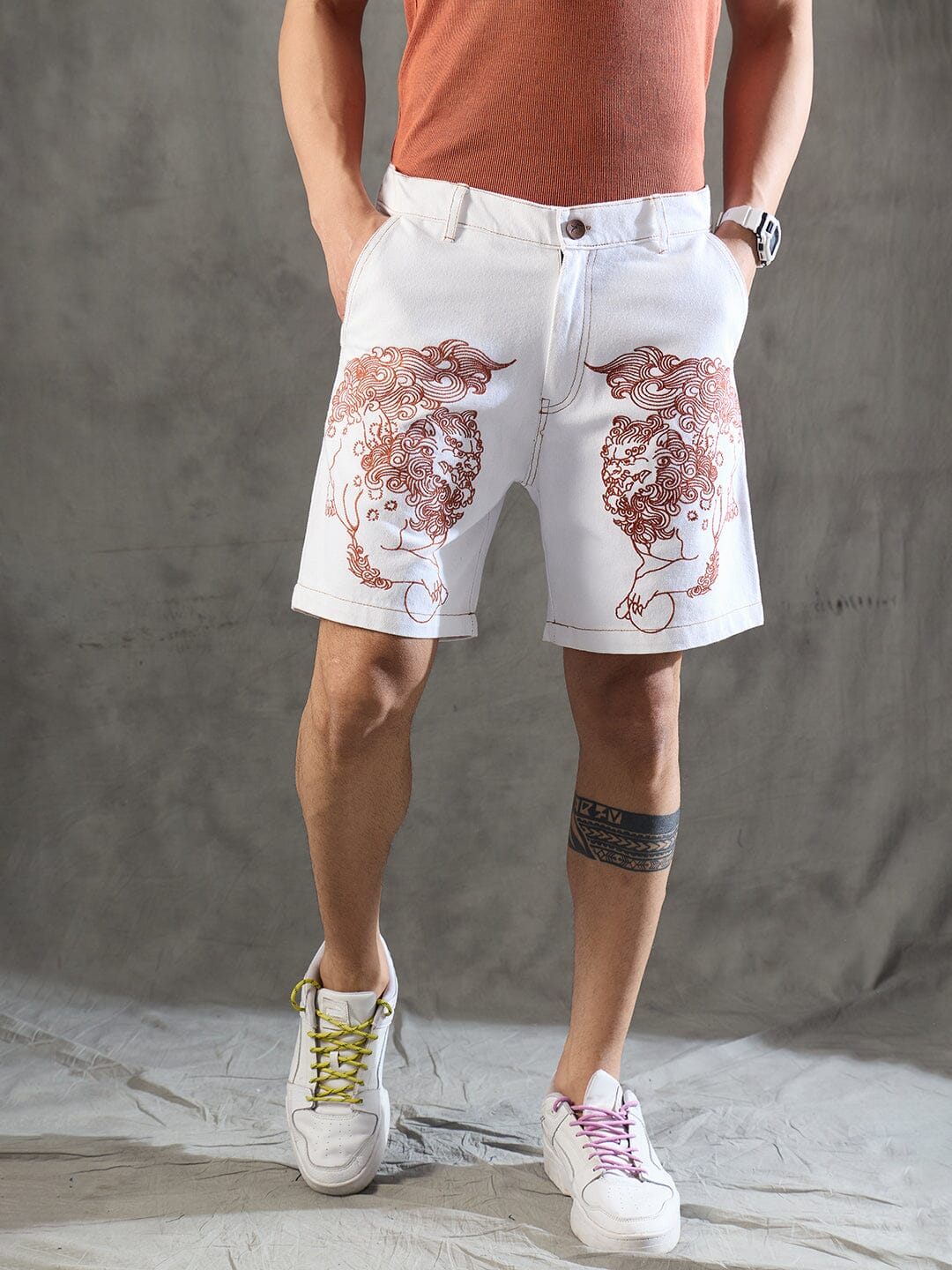 White Denim Lion Embroidery Shorts