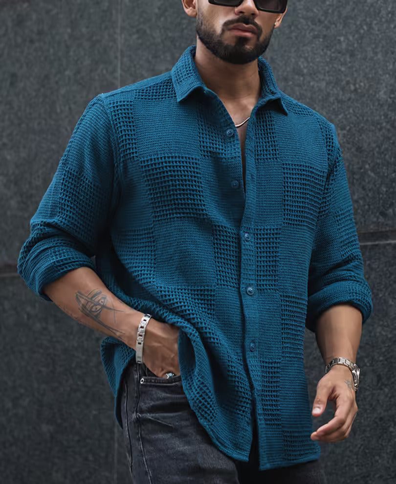 Teal Blue Waffle Structure Regular Fit Full Sleeves Shirt