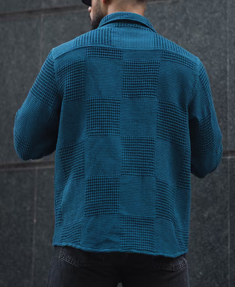 Teal Blue Waffle Structure Regular Fit Full Sleeves Shirt