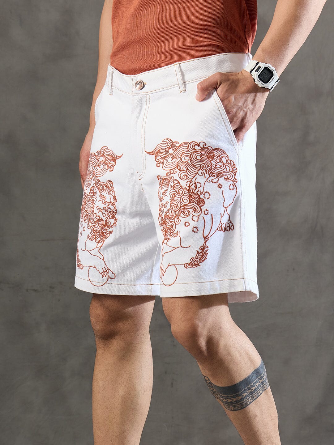 White Denim Lion Embroidery Shorts