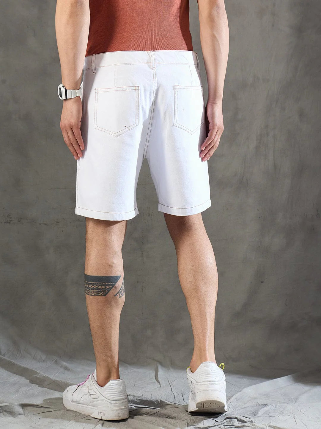 White Denim Lion Embroidery Shorts