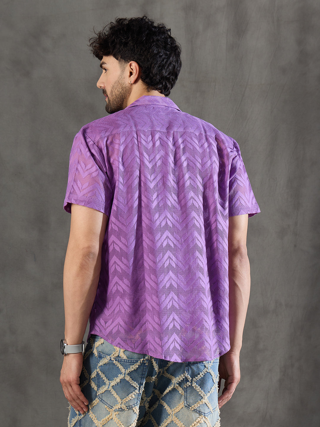 Violet Dyed Lace Cuban Shirt With Muscle Fit Vest