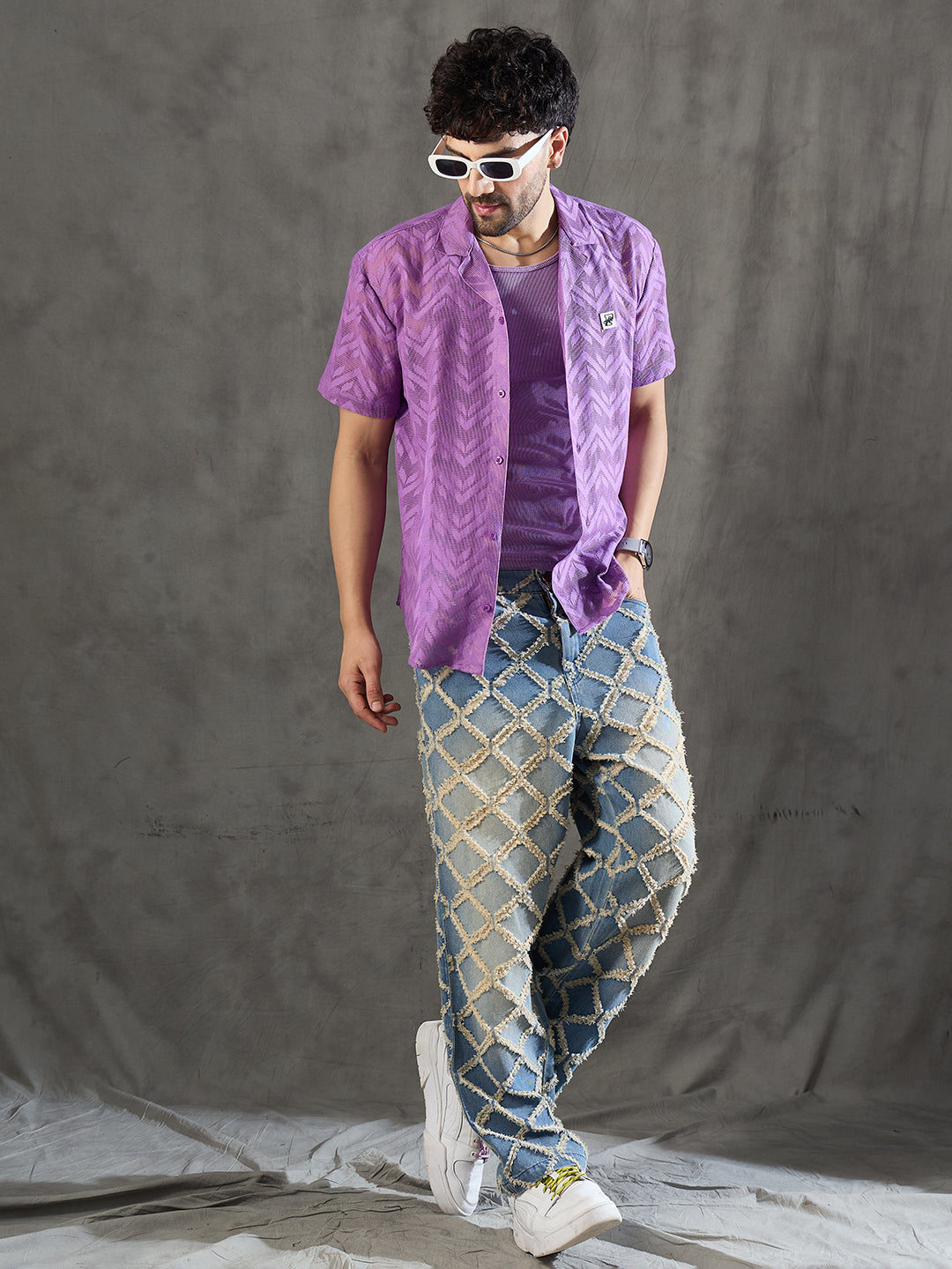 Violet Dyed Lace Cuban Shirt With Muscle Fit Vest