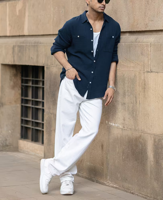 Navy Crinkled Shirt With Pockets