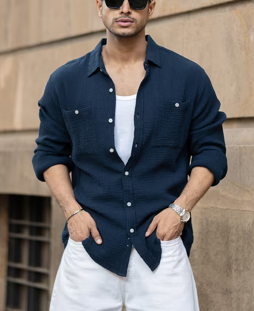 Navy Crinkled Shirt With Pockets