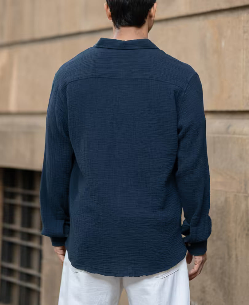 Navy Crinkled Shirt With Pockets