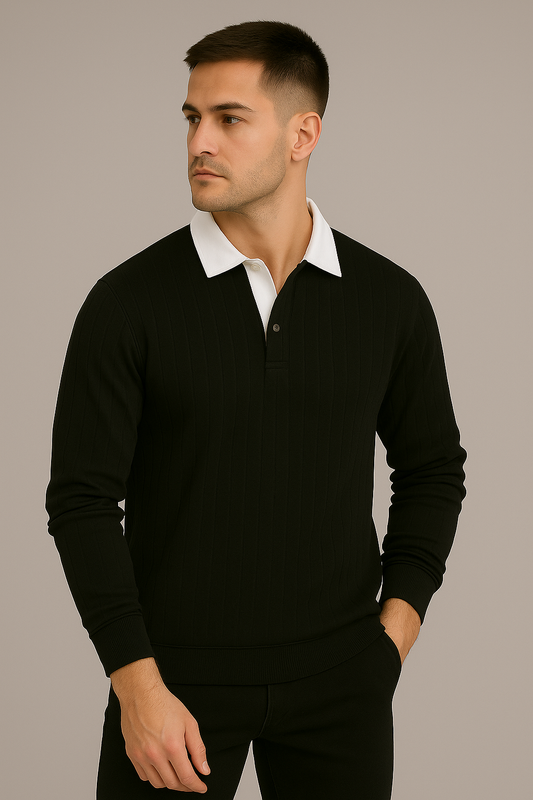 Black Regular Fit Full Sleeves Collar T-Shirt