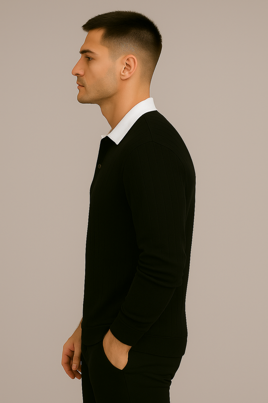 Black Regular Fit Full Sleeves Collar T-Shirt