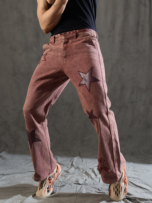 Copper Brown Star Embroidery Flared Denim